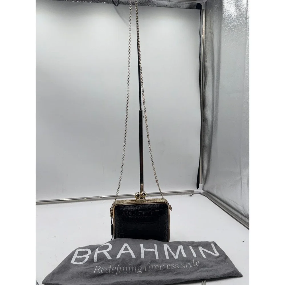 Brahmin Espresso Brown Croc Embossed Leather Kiss Lock Clutch Crossbody Bag